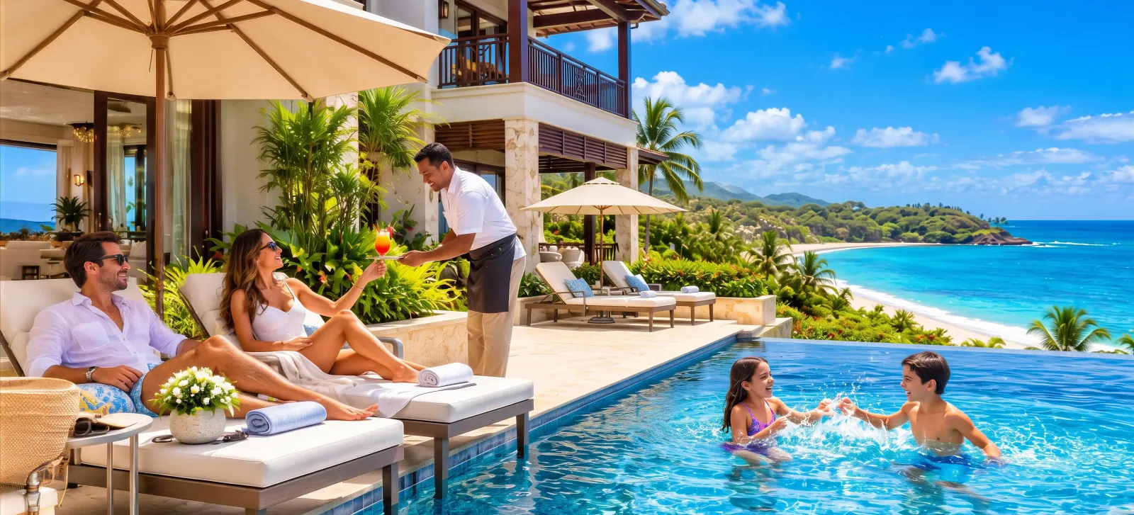 Family relaxing by the infinity pool of a beachfront villa while staff serves drinks